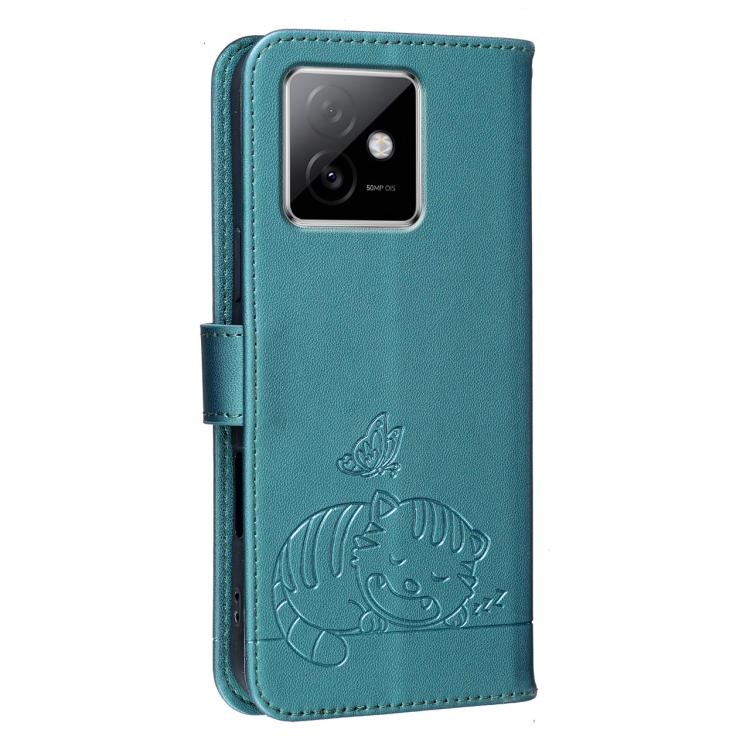 For Honor X60 GT Cat Butterfly Embossed RFID Vegan Leather Phone Case with Strap