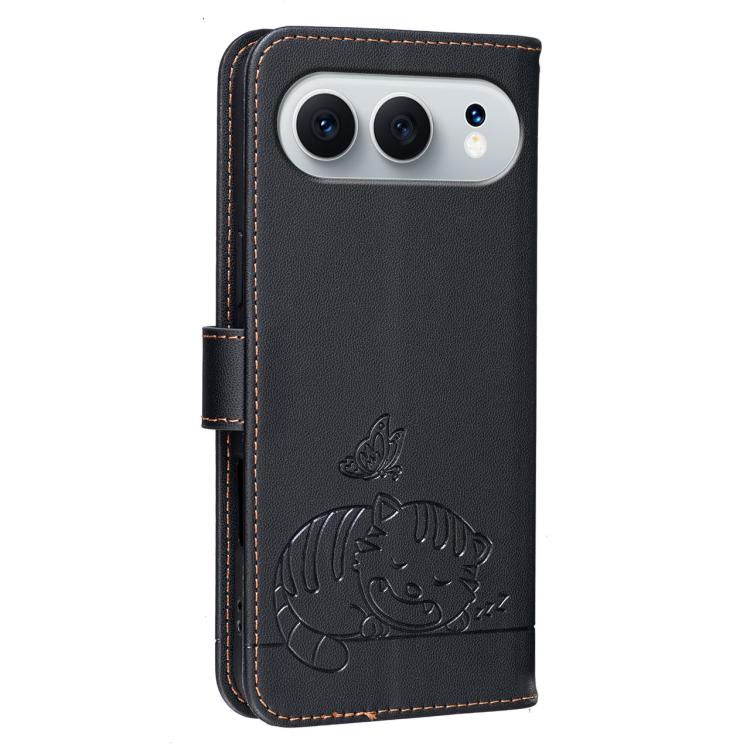 For Honor 500 Global 155.8mm Cat Butterfly Embossed RFID Vegan Leather Phone Case with Strap