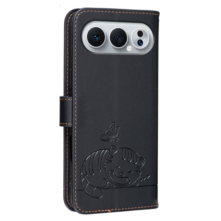 For Honor 500 Pro Global 155.8mm Cat Butterfly Embossed RFID Vegan Leather Phone Case with Strap
