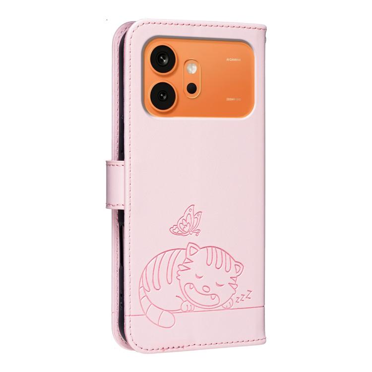 For Honor 600 Global Cat Butterfly Embossed RFID Vegan Leather Phone Case with Strap