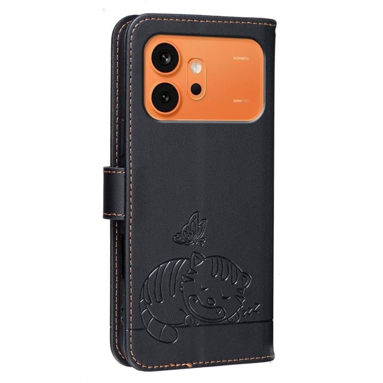 For Honor 600 Global Cat Butterfly Embossed RFID Vegan Leather Phone Case with Strap