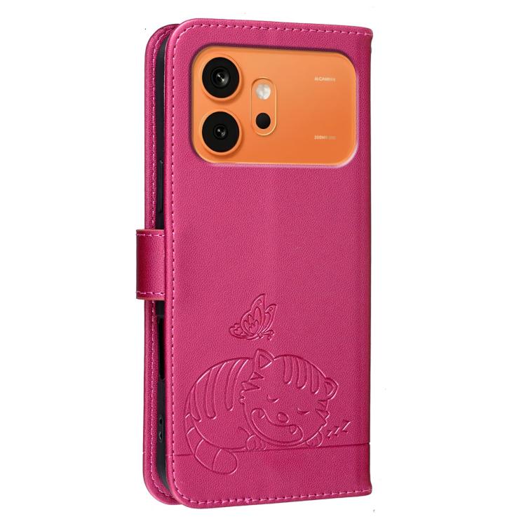 For Honor 600 Global Cat Butterfly Embossed RFID Vegan Leather Phone Case with Strap