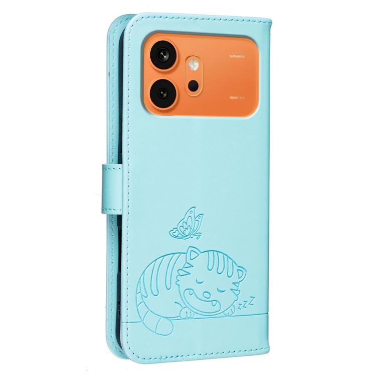 For Honor 600 Global Cat Butterfly Embossed RFID Vegan Leather Phone Case with Strap
