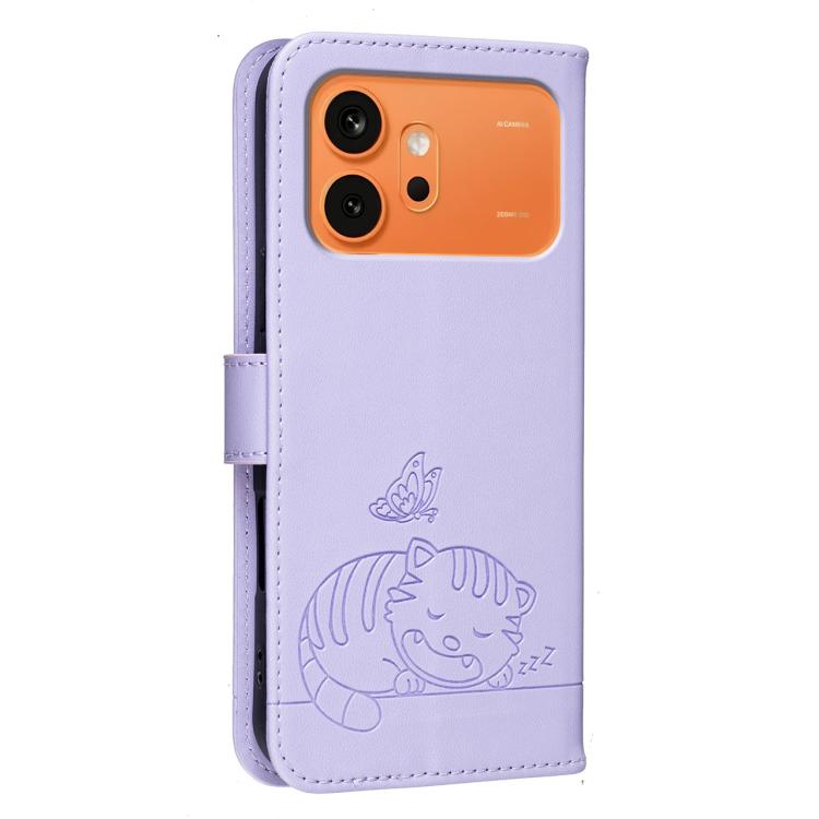 For Honor 600 Global Cat Butterfly Embossed RFID Vegan Leather Phone Case with Strap