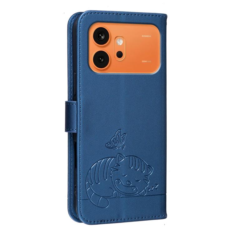 For Honor 600 Global Cat Butterfly Embossed RFID Vegan Leather Phone Case with Strap