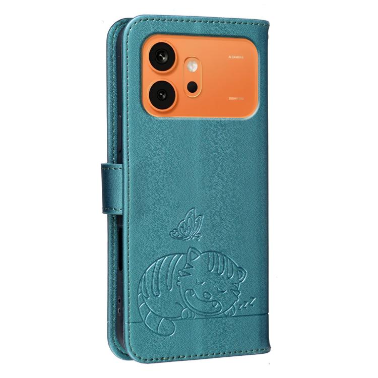 For Honor 600 Global Cat Butterfly Embossed RFID Vegan Leather Phone Case with Strap