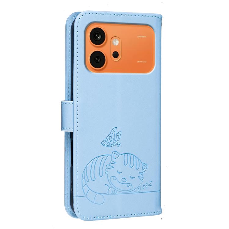 For Honor 600 Pro Global Cat Butterfly Embossed RFID Vegan Leather Phone Case with Strap
