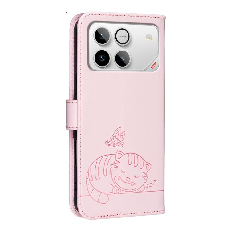 For Honor Win 5G Cat Butterfly Embossed RFID Vegan Leather Phone Case with Strap