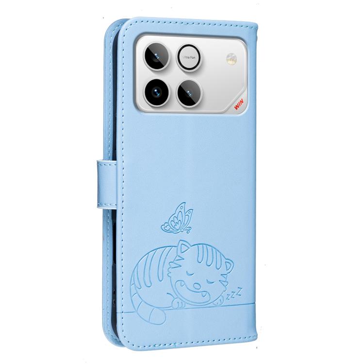 For Honor Win 5G Cat Butterfly Embossed RFID Vegan Leather Phone Case with Strap