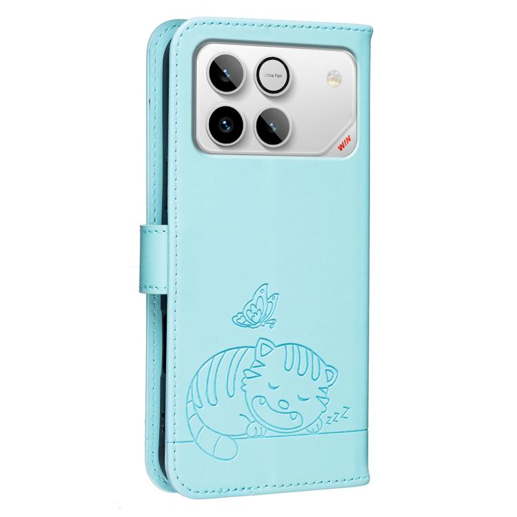 For Honor Win 5G Cat Butterfly Embossed RFID Vegan Leather Phone Case with Strap