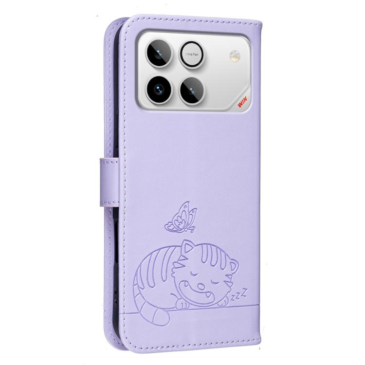 For Honor Win 5G Cat Butterfly Embossed RFID Vegan Leather Phone Case with Strap