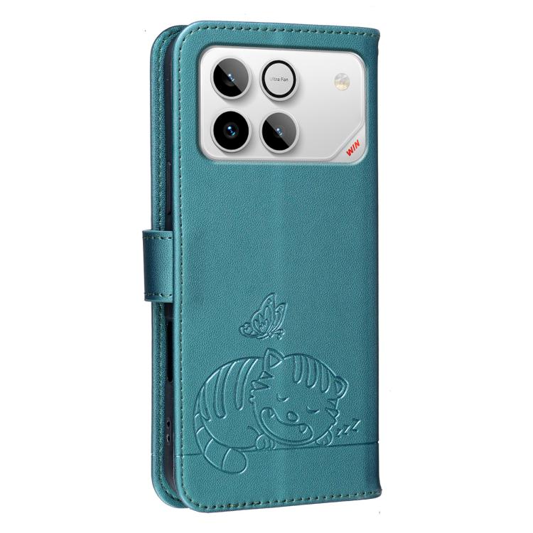 For Honor Win 5G Cat Butterfly Embossed RFID Vegan Leather Phone Case with Strap