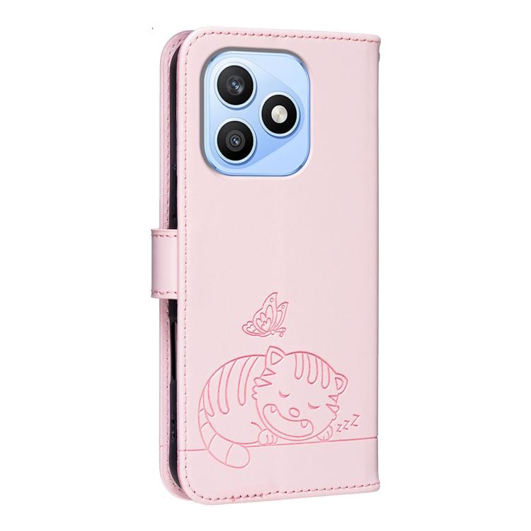 For Honor X8d 4G Cat Butterfly Embossed RFID Vegan Leather Phone Case with Strap