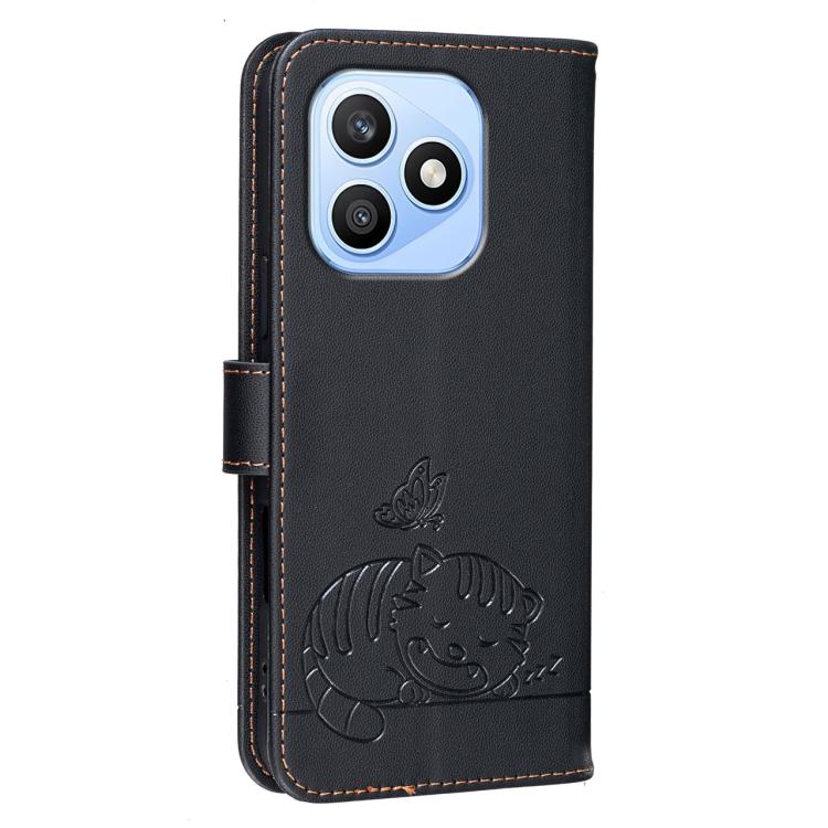 For Honor X8d 4G Cat Butterfly Embossed RFID Vegan Leather Phone Case with Strap