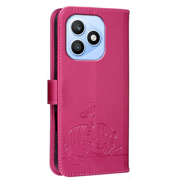 For Honor X8d 4G Cat Butterfly Embossed RFID Vegan Leather Phone Case with Strap