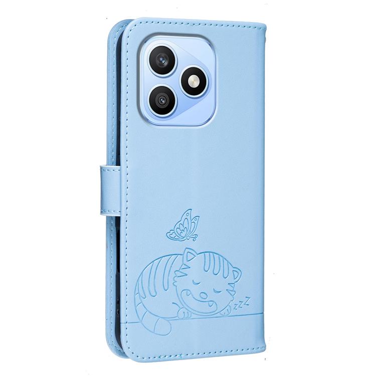 For Honor X8d 4G Cat Butterfly Embossed RFID Vegan Leather Phone Case with Strap
