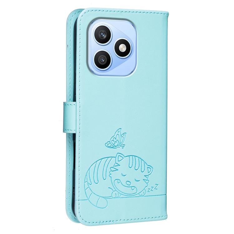 For Honor X8d 4G Cat Butterfly Embossed RFID Vegan Leather Phone Case with Strap