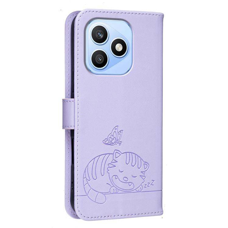For Honor X8d 4G Cat Butterfly Embossed RFID Vegan Leather Phone Case with Strap