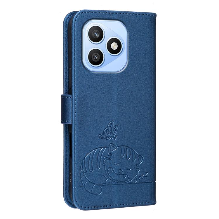 For Honor X8d 4G Cat Butterfly Embossed RFID Vegan Leather Phone Case with Strap