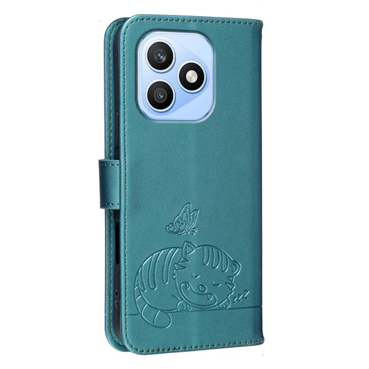 For Honor X8d 4G Cat Butterfly Embossed RFID Vegan Leather Phone Case with Strap