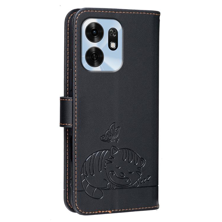 For Honor Play 60A 5G Cat Butterfly Embossed RFID Vegan Leather Phone Case with Strap