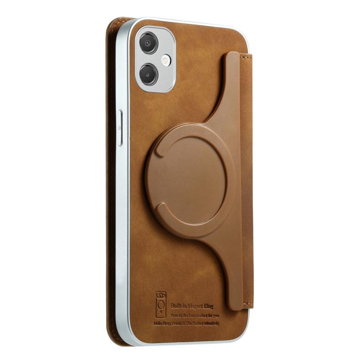For Galaxy A05 CaseNeo Precision Hole Silver-Edged Magnetic Zipper Wallet Cross-Grain Vegan Leather Phone Case