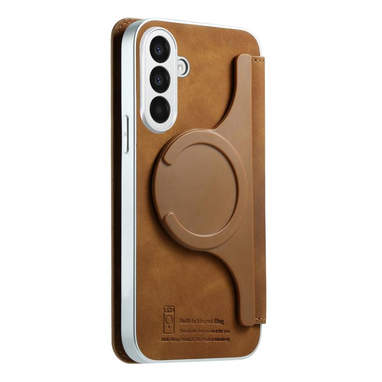 For Galaxy A25 5G CaseNeo Precision Hole Silver-Edged Magnetic Zipper Wallet Cross-Grain Vegan Leather Phone Case
