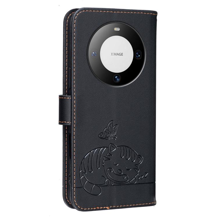 For Huawei Mate 60 Cat Butterfly Embossed RFID Vegan Leather Phone Case with Strap