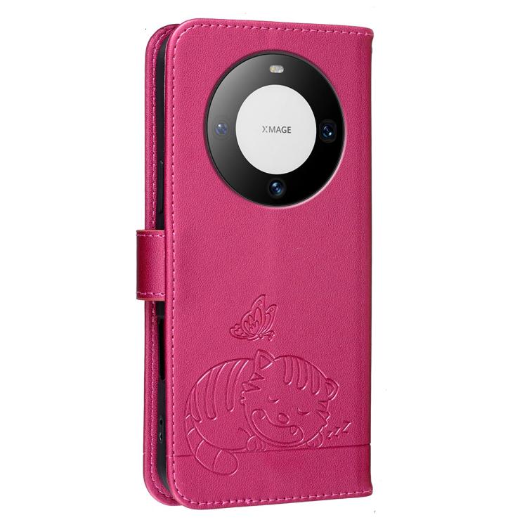 For Huawei Mate 60 Cat Butterfly Embossed RFID Vegan Leather Phone Case with Strap