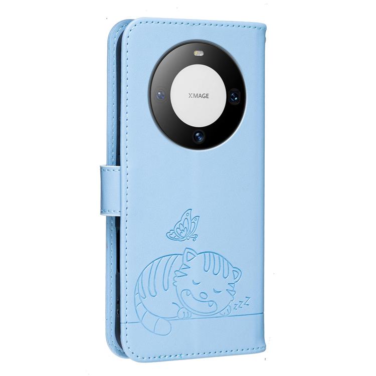 For Huawei Mate 60 Cat Butterfly Embossed RFID Vegan Leather Phone Case with Strap