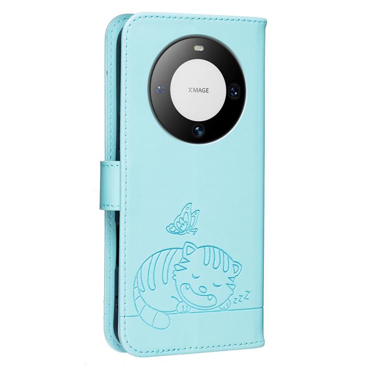 For Huawei Mate 60 Cat Butterfly Embossed RFID Vegan Leather Phone Case with Strap