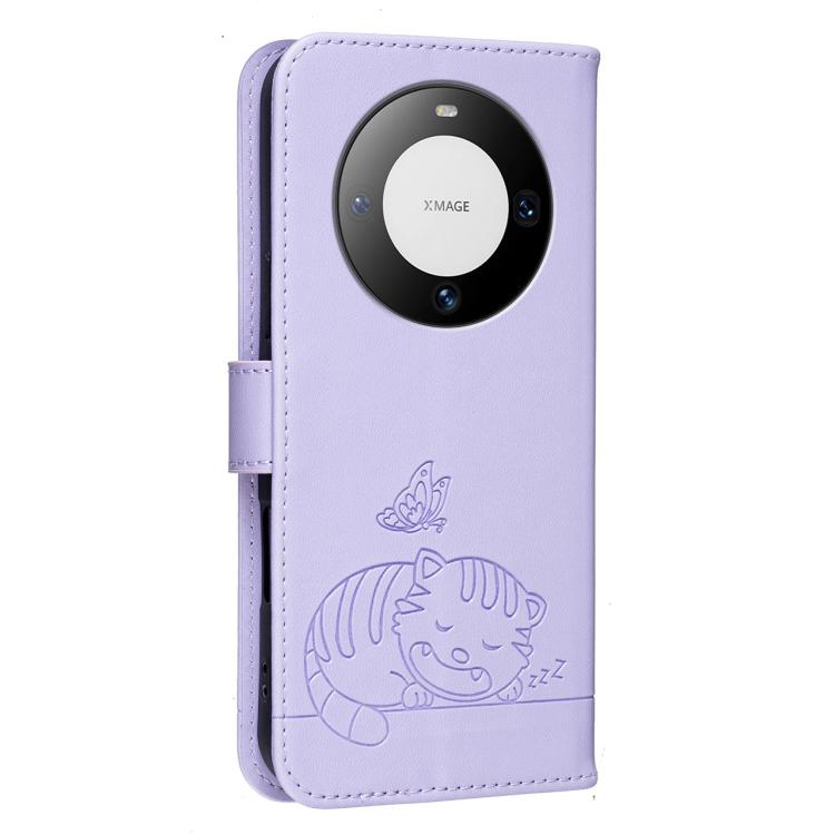 For Huawei Mate 60 Cat Butterfly Embossed RFID Vegan Leather Phone Case with Strap