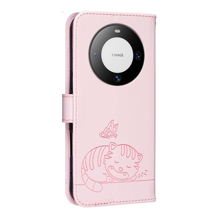 For Huawei Mate 60 Pro Cat Butterfly Embossed RFID Vegan Leather Phone Case with Strap