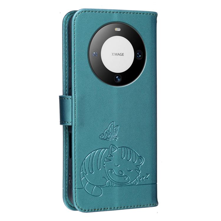 For Huawei Mate 60 Pro Cat Butterfly Embossed RFID Vegan Leather Phone Case with Strap
