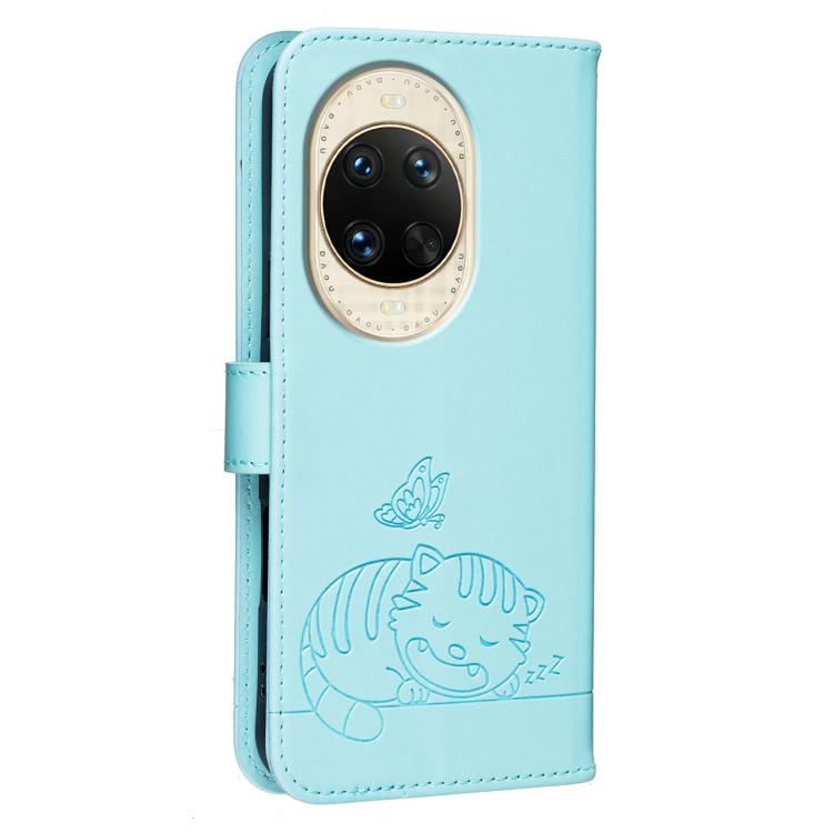 For Huawei nova 14 Cat Butterfly Embossed RFID Vegan Leather Phone Case with Strap