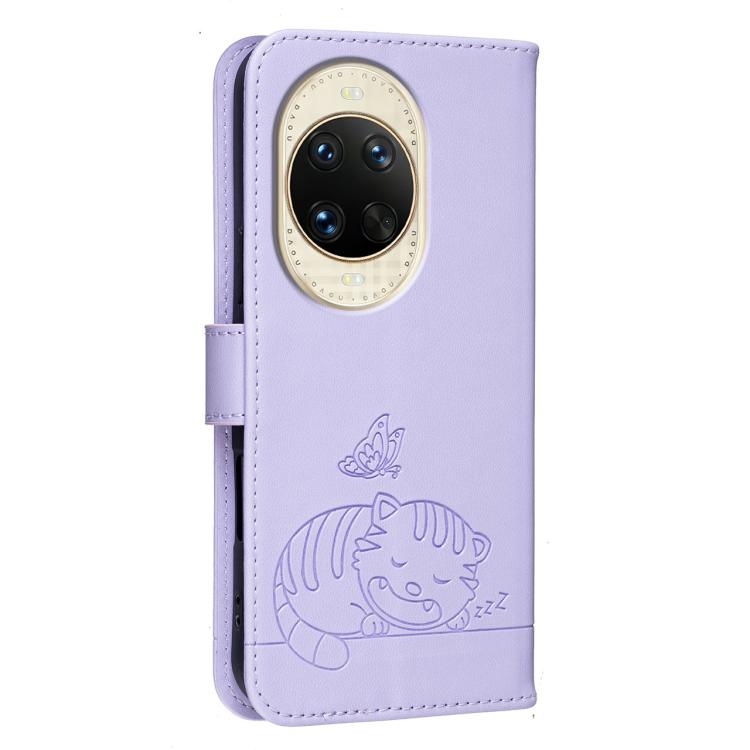 For Huawei nova 14 Cat Butterfly Embossed RFID Vegan Leather Phone Case with Strap
