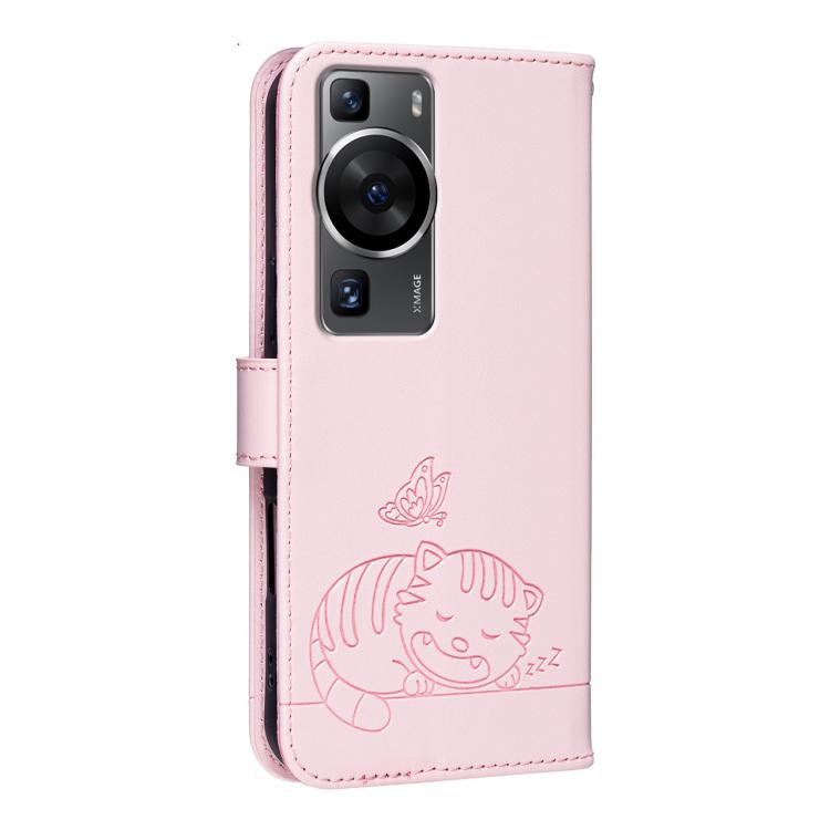 For Huawei P60 / P60 Pro Cat Butterfly Embossed RFID Vegan Leather Phone Case with Strap