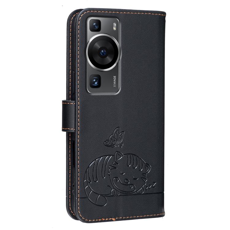 For Huawei P60 / P60 Pro Cat Butterfly Embossed RFID Vegan Leather Phone Case with Strap