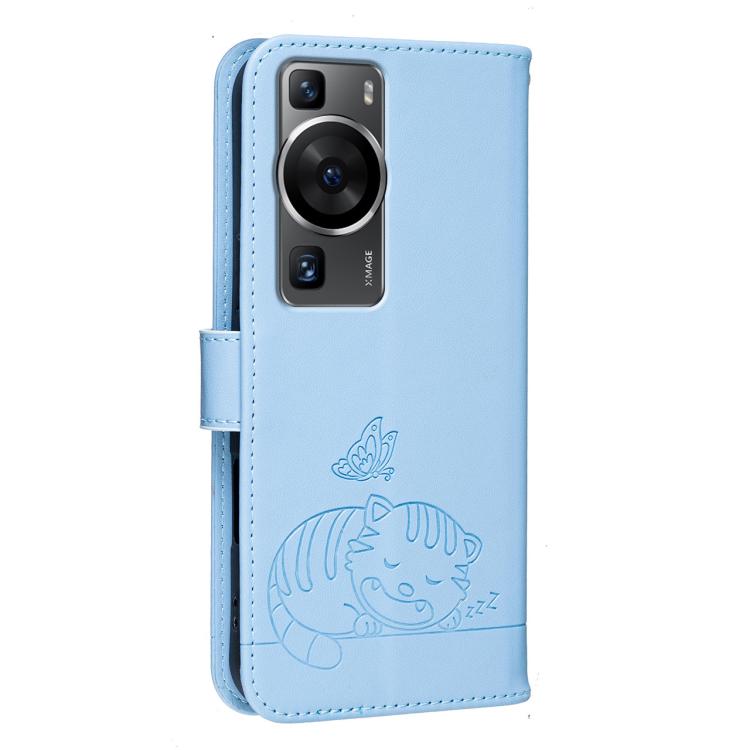 For Huawei P60 / P60 Pro Cat Butterfly Embossed RFID Vegan Leather Phone Case with Strap
