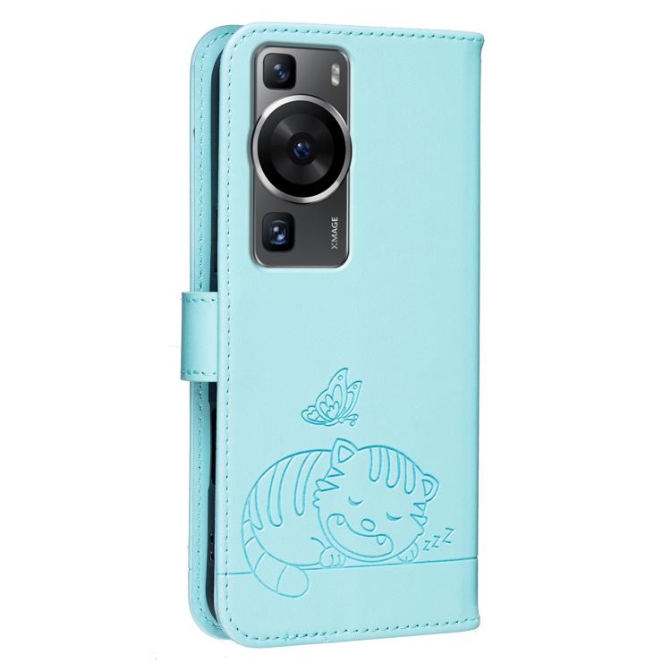 For Huawei P60 / P60 Pro Cat Butterfly Embossed RFID Vegan Leather Phone Case with Strap