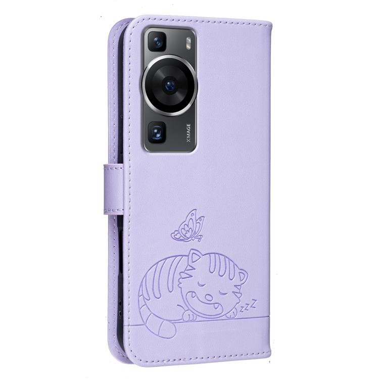 For Huawei P60 / P60 Pro Cat Butterfly Embossed RFID Vegan Leather Phone Case with Strap
