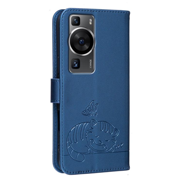 For Huawei P60 / P60 Pro Cat Butterfly Embossed RFID Vegan Leather Phone Case with Strap