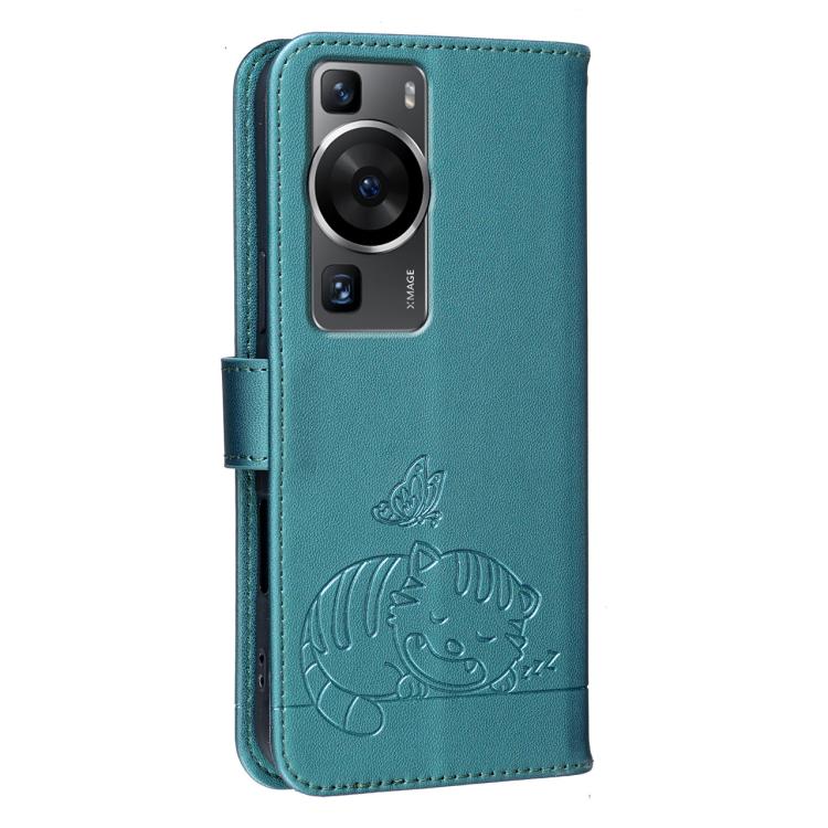 For Huawei P60 / P60 Pro Cat Butterfly Embossed RFID Vegan Leather Phone Case with Strap