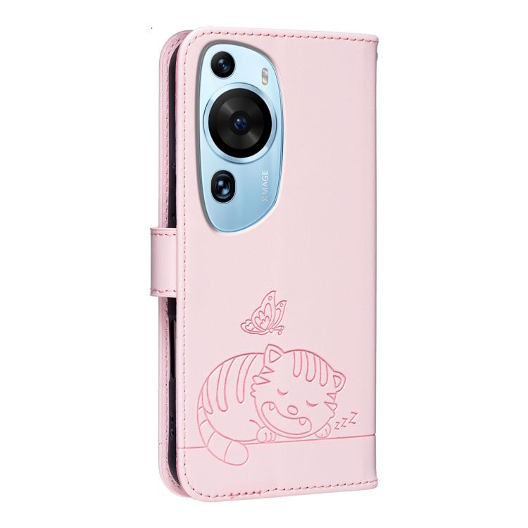 For Huawei P60 Art Cat Butterfly Embossed RFID Vegan Leather Phone Case with Strap