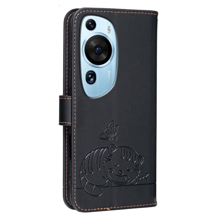 For Huawei P60 Art Cat Butterfly Embossed RFID Vegan Leather Phone Case with Strap