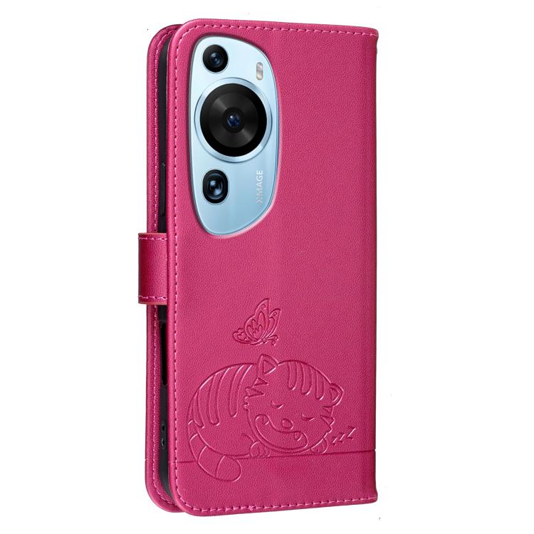 For Huawei P60 Art Cat Butterfly Embossed RFID Vegan Leather Phone Case with Strap