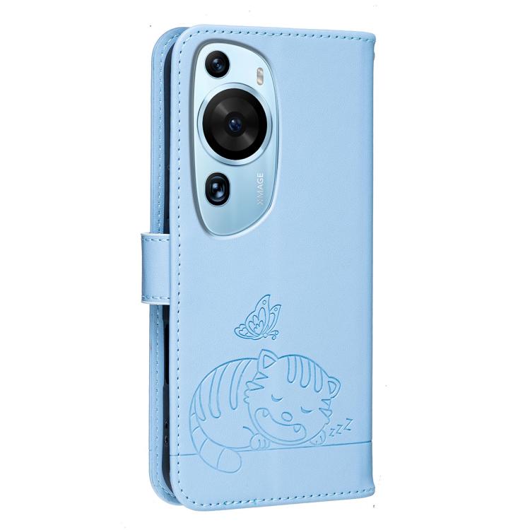 For Huawei P60 Art Cat Butterfly Embossed RFID Vegan Leather Phone Case with Strap