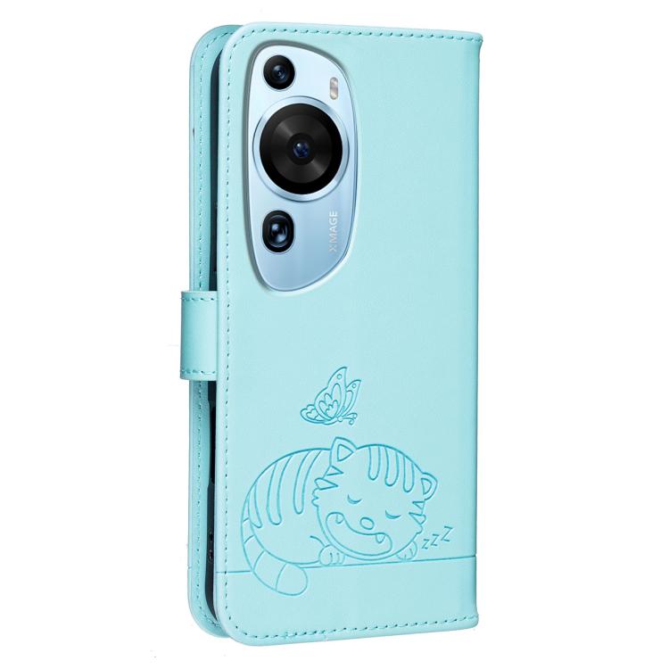 For Huawei P60 Art Cat Butterfly Embossed RFID Vegan Leather Phone Case with Strap