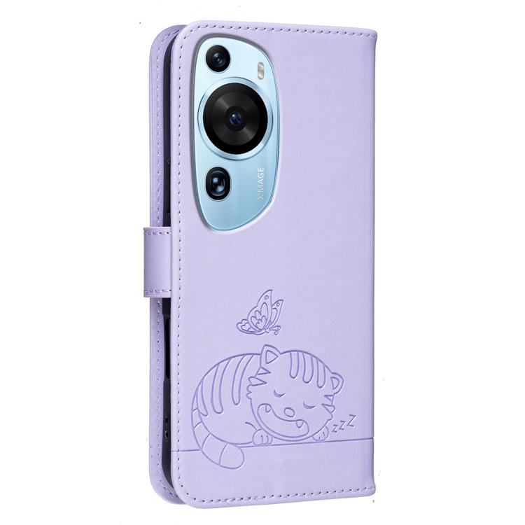 For Huawei P60 Art Cat Butterfly Embossed RFID Vegan Leather Phone Case with Strap