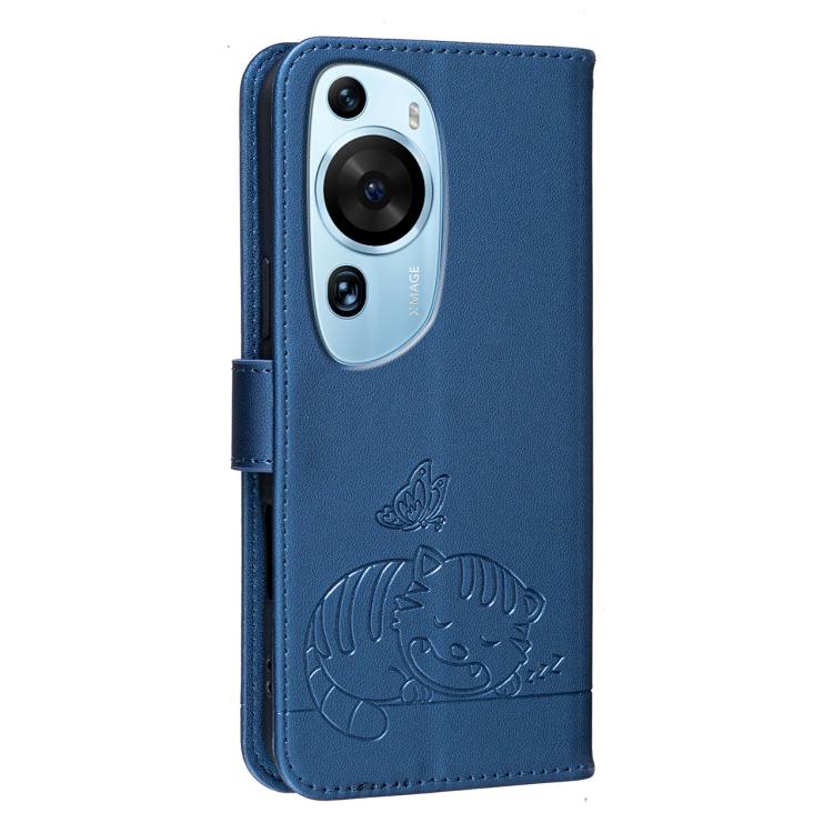 For Huawei P60 Art Cat Butterfly Embossed RFID Vegan Leather Phone Case with Strap